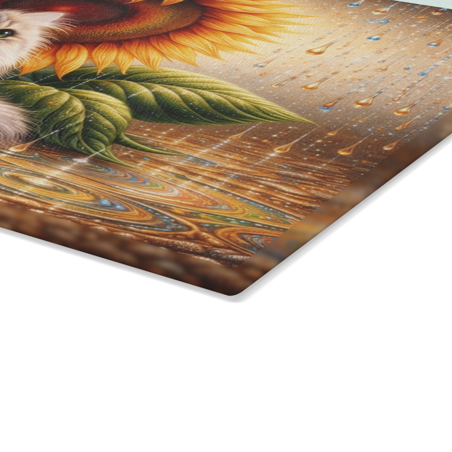 Sunflower Rain Cat Glass Cutting Board – Whimsical Floral Cat Kitchen Art & Display Board