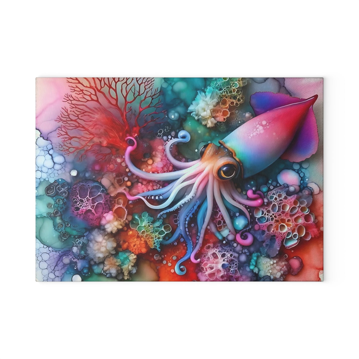Tabla de cortar de vidrio con diseño de calamar en acuarela: arte submarino vibrante para exhibiciones de cocina llamativas