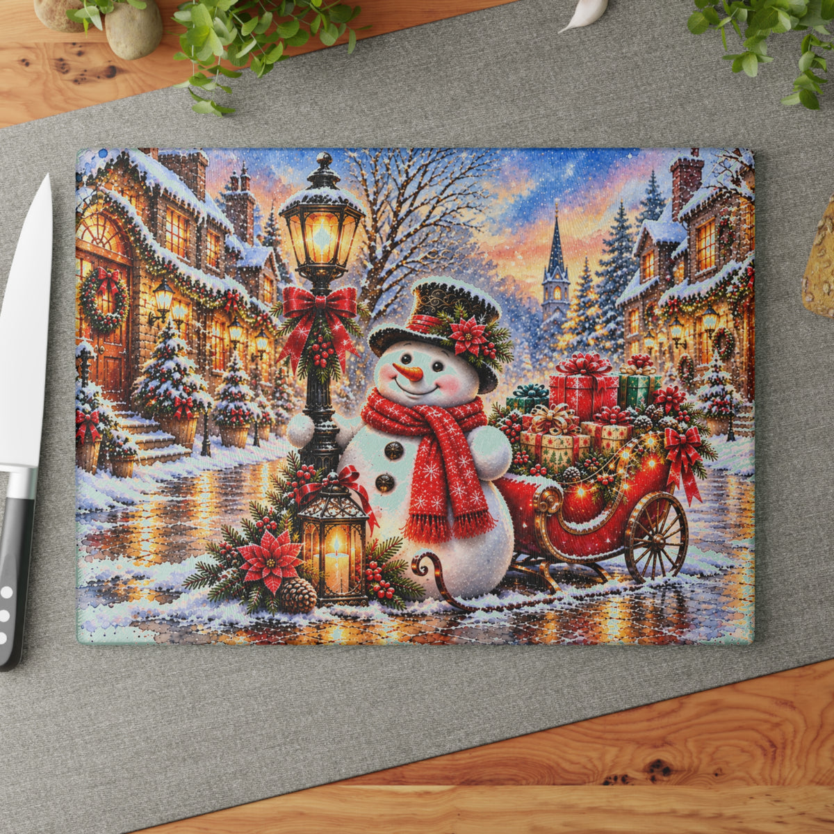 Christmas Snowman Tempered Glass Cutting Board – Vintage Christmas Village with Red Sleigh, Gifts and Lanterns – 11 × 15 Inches