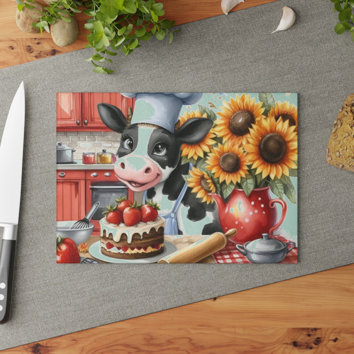 🐄 Baking Cow with Strawberries & Sunflowers Cutting Board – Whimsical Farmhouse Kitchen Fun 🍓🌻