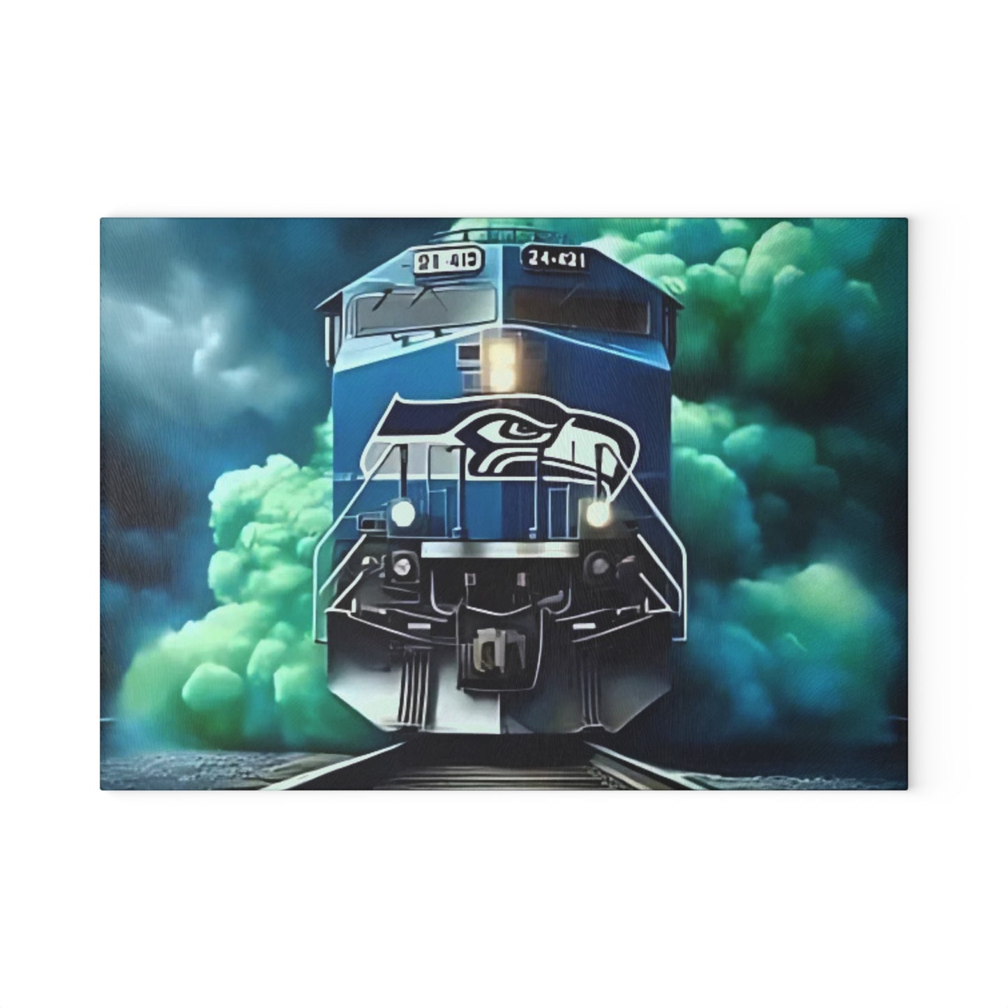 Tabla de cortar de vidrio Express en azul marino y verde brillante: un diseño de tren llamativo para cocinas modernas