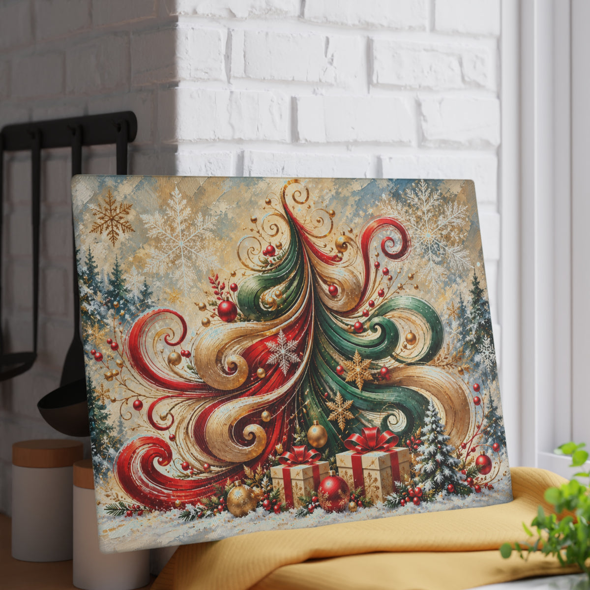 legant Swirl Christmas Tree Glass Cutting Board – Red, Green & Gold Holiday Kitchen Décor