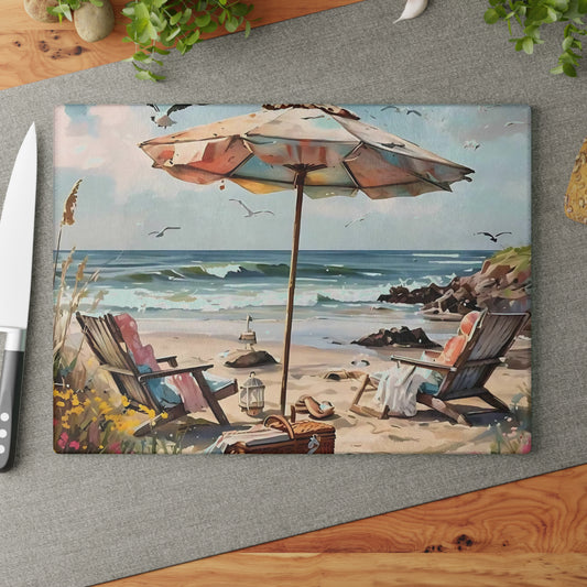 Tabla de cortar de playa, decoración costera, arte oceánico, regalo de playa, tabla de cortar de vidrio, decoración de cocina tropical, aspecto pintado a mano, escena de playa