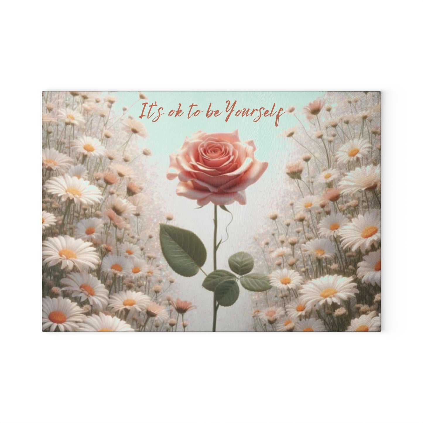 Tabla de cortar de vidrio "Está bien ser tú mismo" - Rosa rosa única en un campo de margaritas, regalo único, tabla de cortar de vidrio, tabla de charcutería, tabla de cortar personalizada, flores