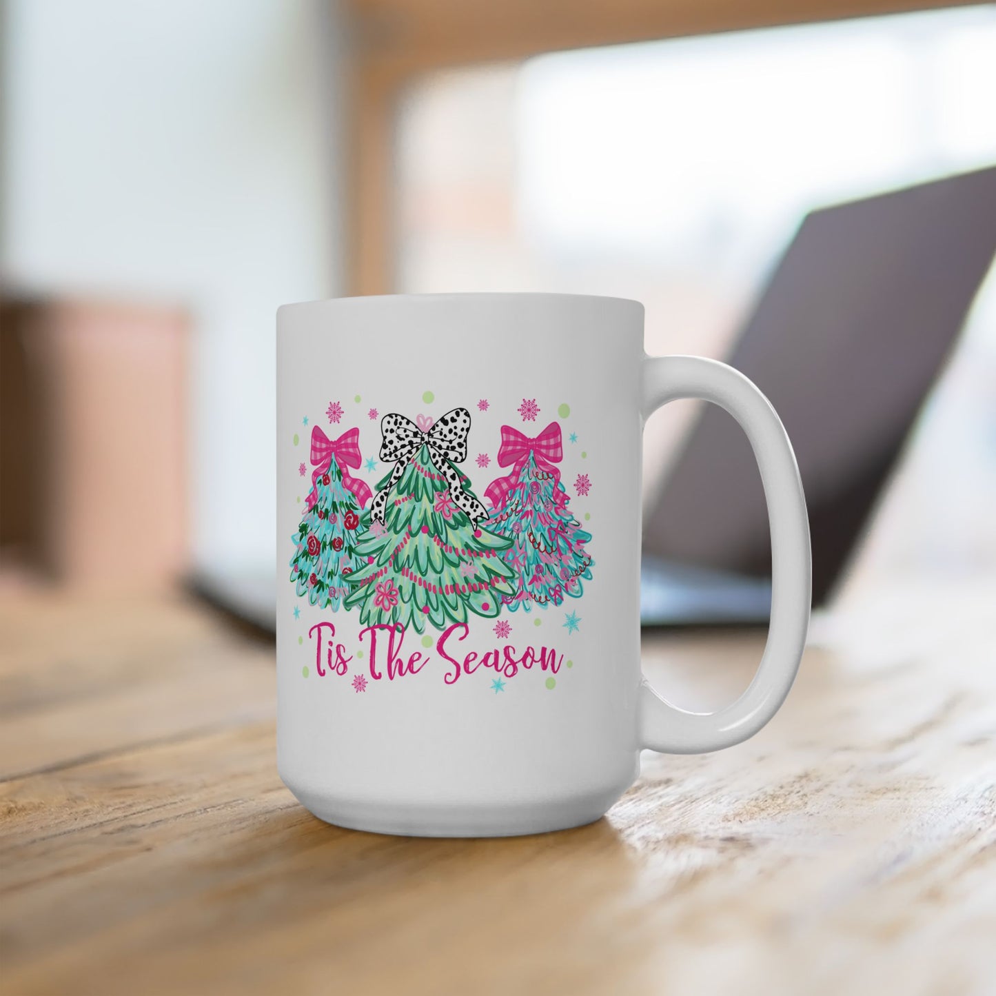 🎀🌲 ‘Tis the Season Mug – Pink Bows, Leopard Accents & Christmas Cheer 💖☕