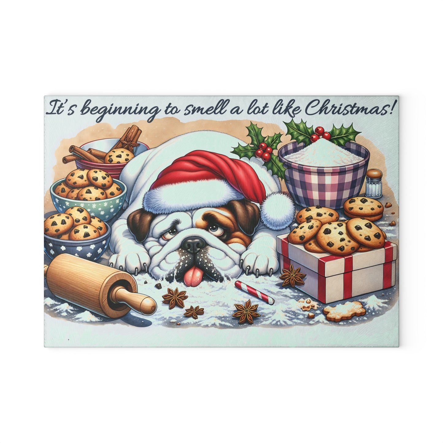 🐶🎄 “It’s Beginning to Smell a Lot Like Christmas” Bulldog Cutting Board – Festive Kitchen Cheer
