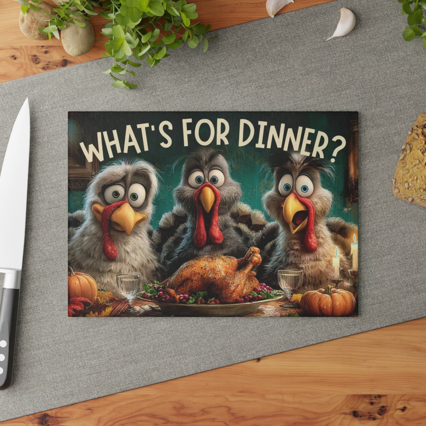 🦃🥔 “Dinner Time Surprise” Glass Cutting Board – Playful Rustic Kitchen Décor