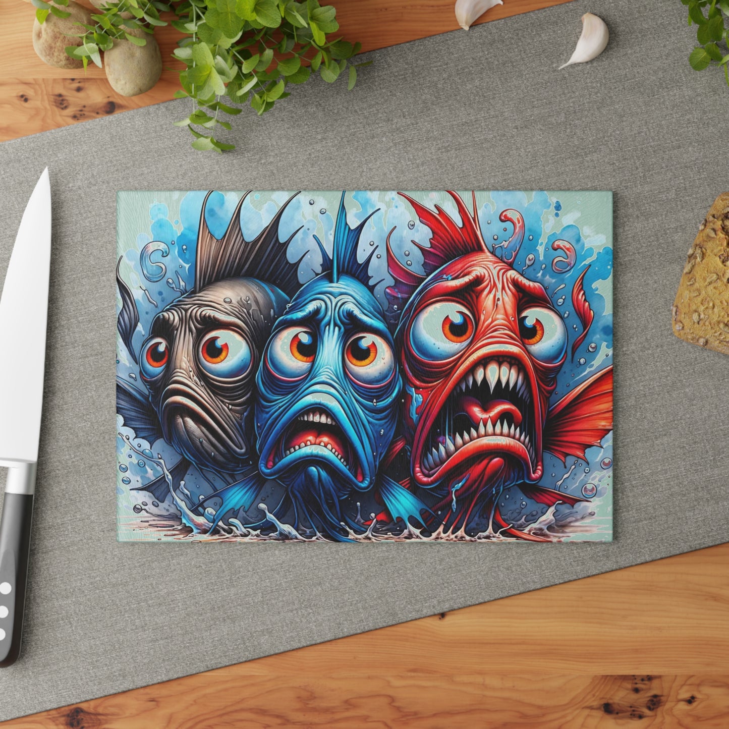 🐟😂 “Comic Fish Trio” Glass Cutting Board – Splashy Fun for Your Kitchen