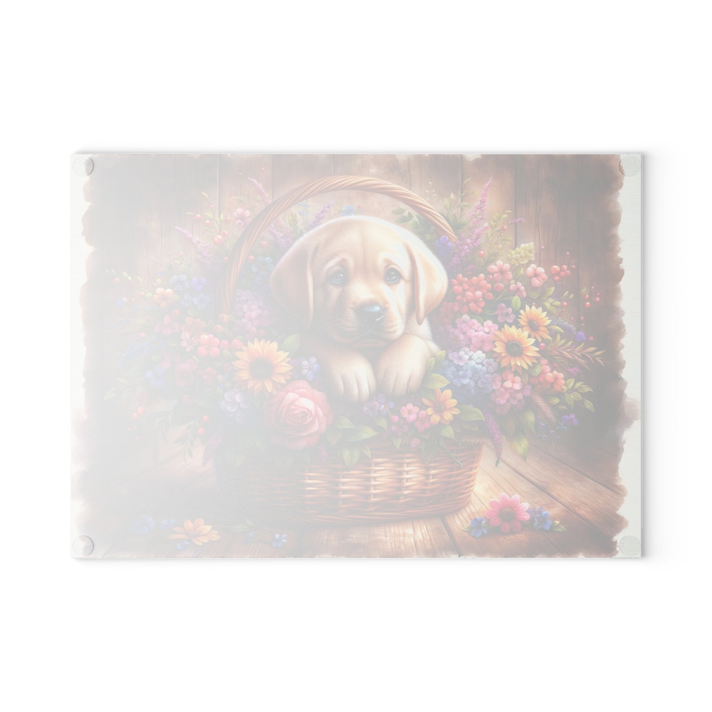 🐾 Yellow Labrador Puppy Floral Basket Cutting Board – Sweet Charm for Your Kitchen 🌸