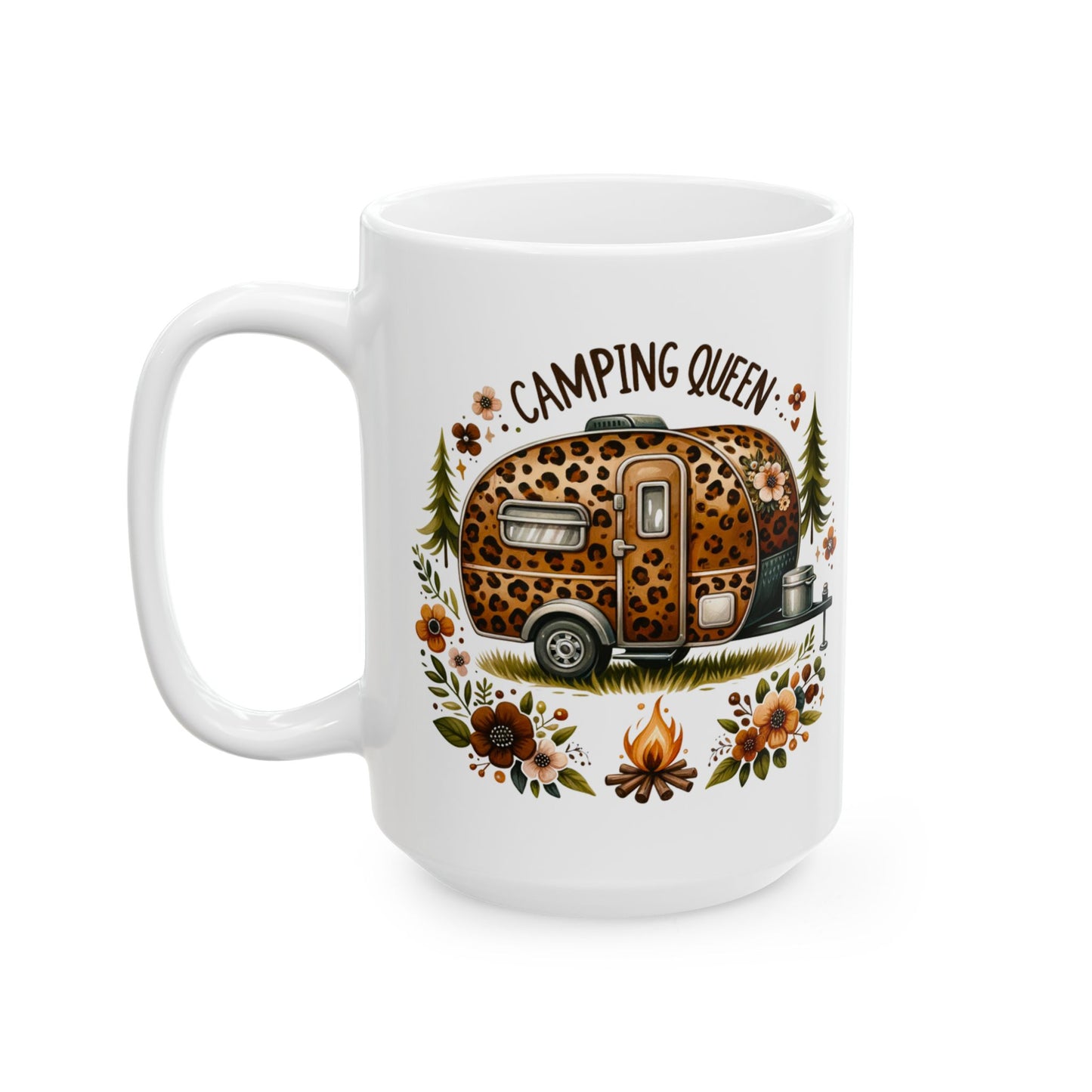 🏕️ Camping Queen – Leopard Print Camper Coffee Mug 🌸