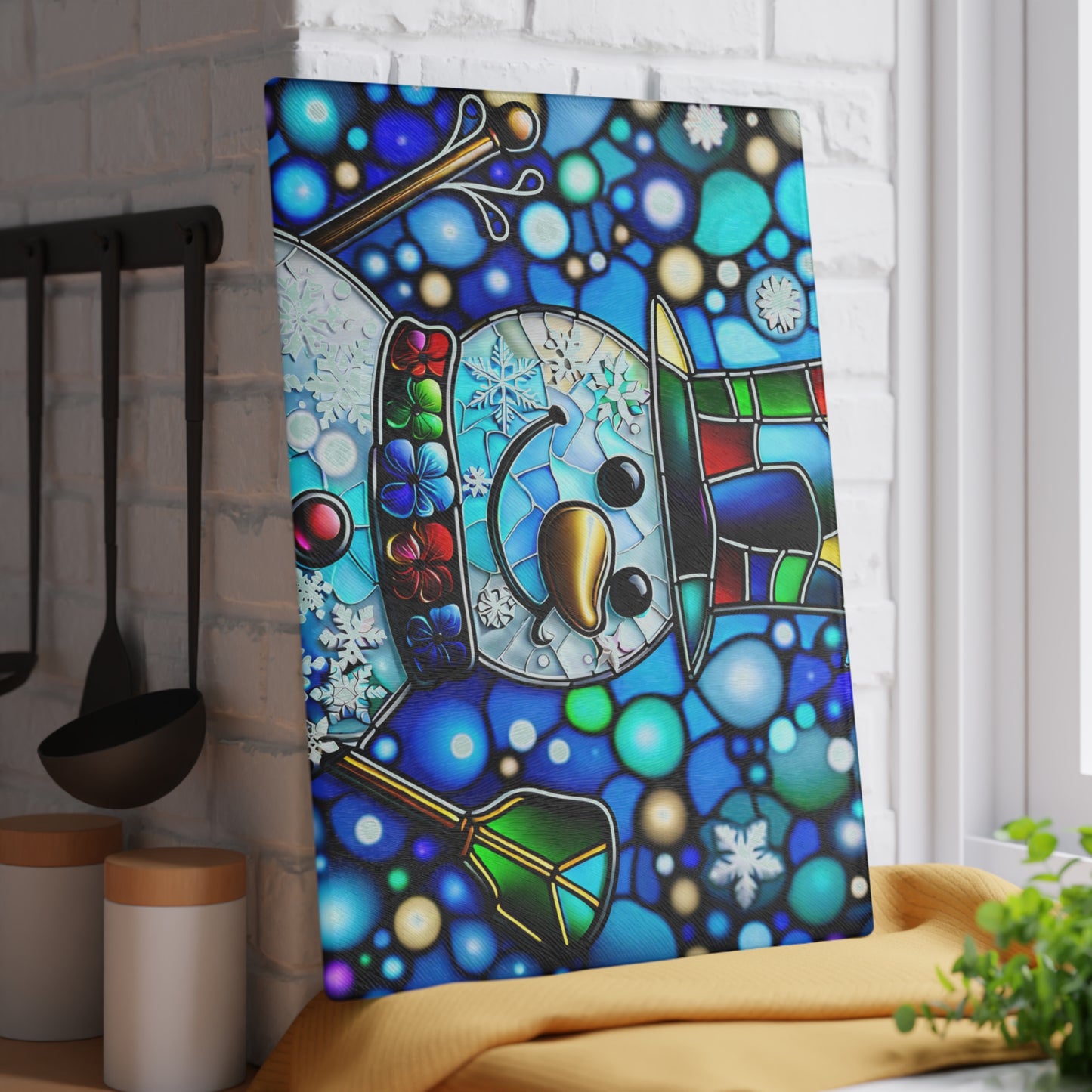 ☃️ Stained Glass-Style Snowman Cutting Board – Festive Elegance for Your Holiday Kitchen ❄️