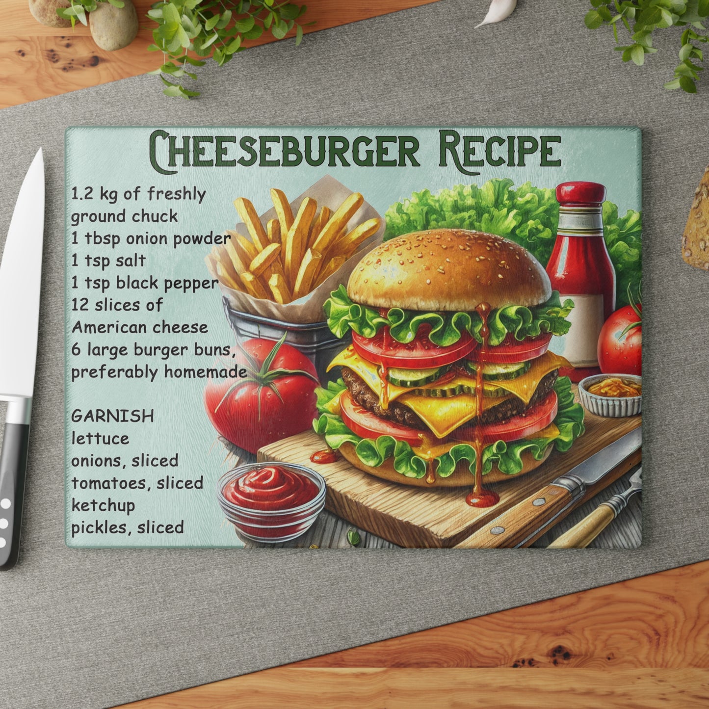 🍔 Cheeseburger Recipe – Gourmet Burger Lovers Glass Cutting Board
