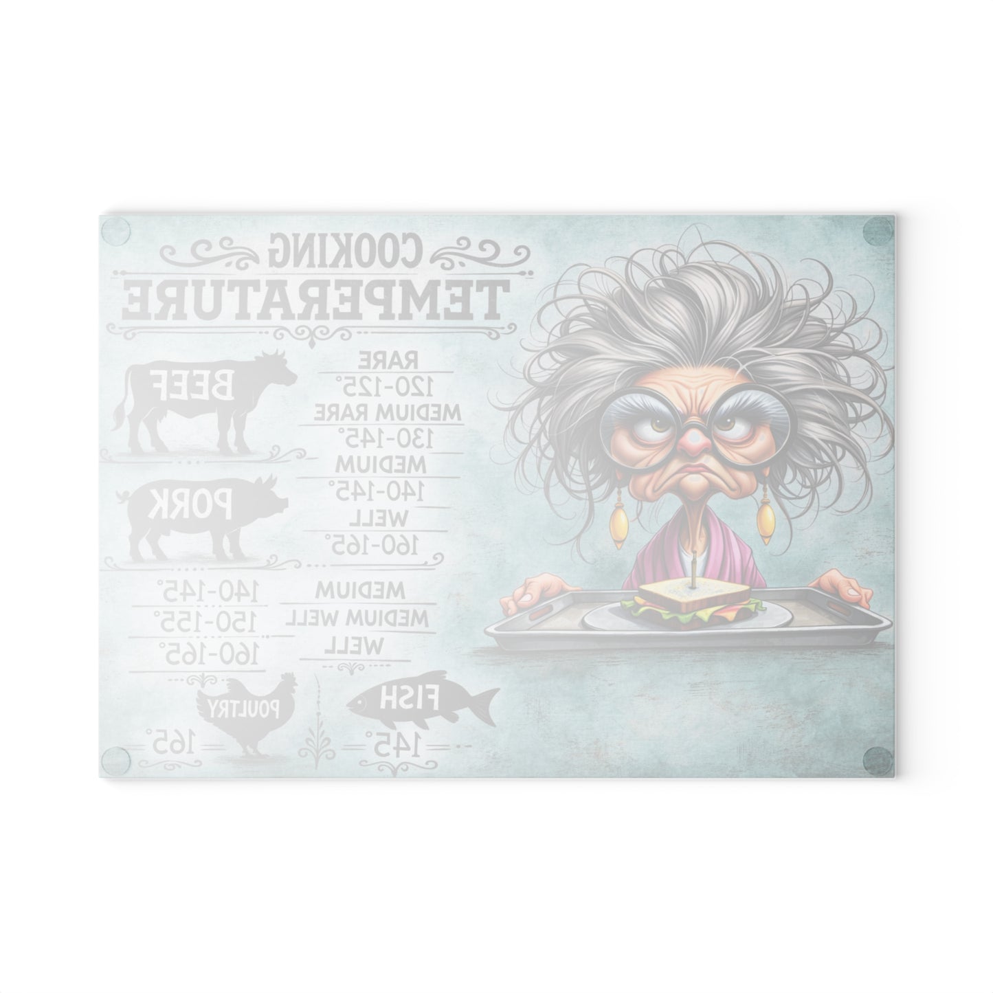 Cooking Temperature Guide Glass Cutting Board – Funny Kitchen Conversion & Meat Temperature Chart Decor