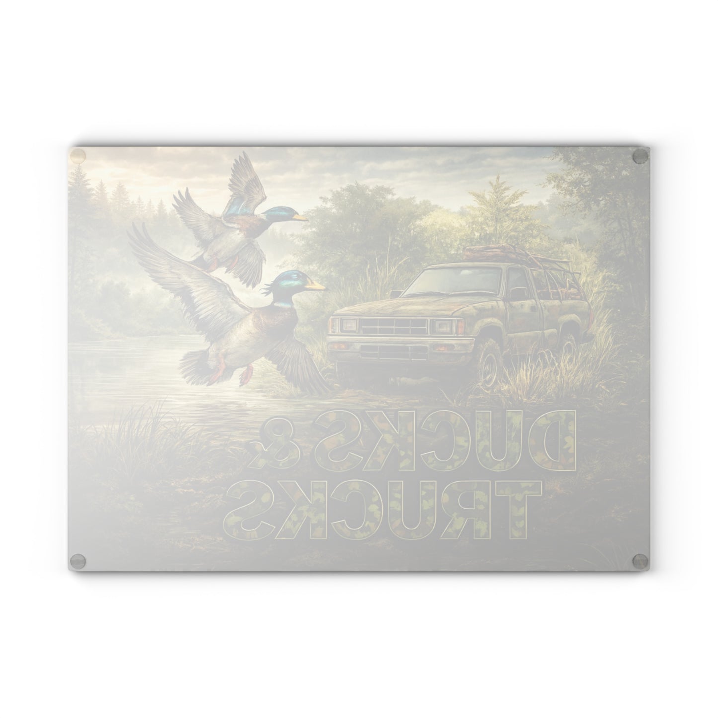 Ducks & Trucks Glass Cutting Board – Rustic Hunting Scene Kitchen Art & Display Board