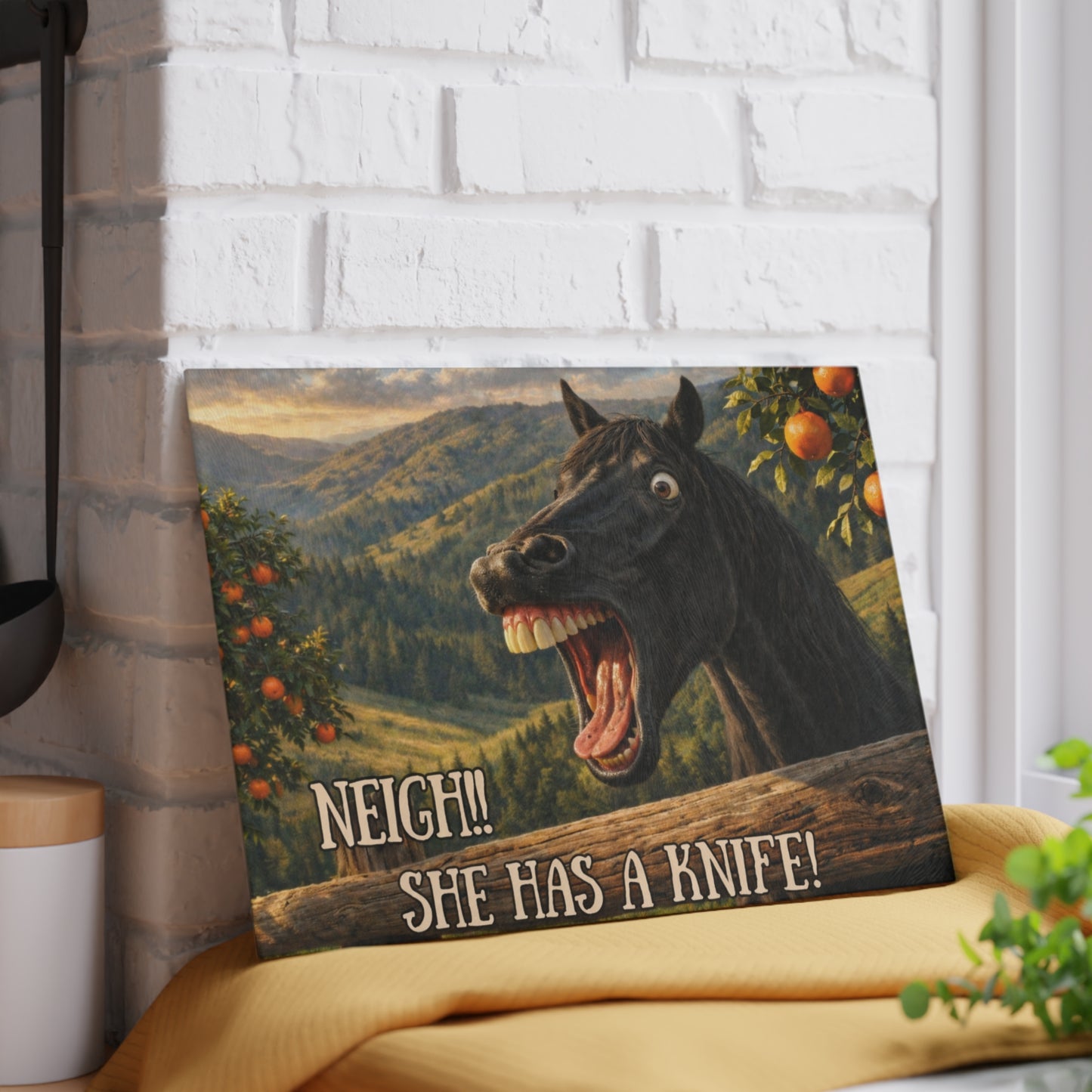 Funny Horse Neigh She Has a Knife Glass Cutting Board – Humorous Farmhouse Horse Lover Kitchen Decor