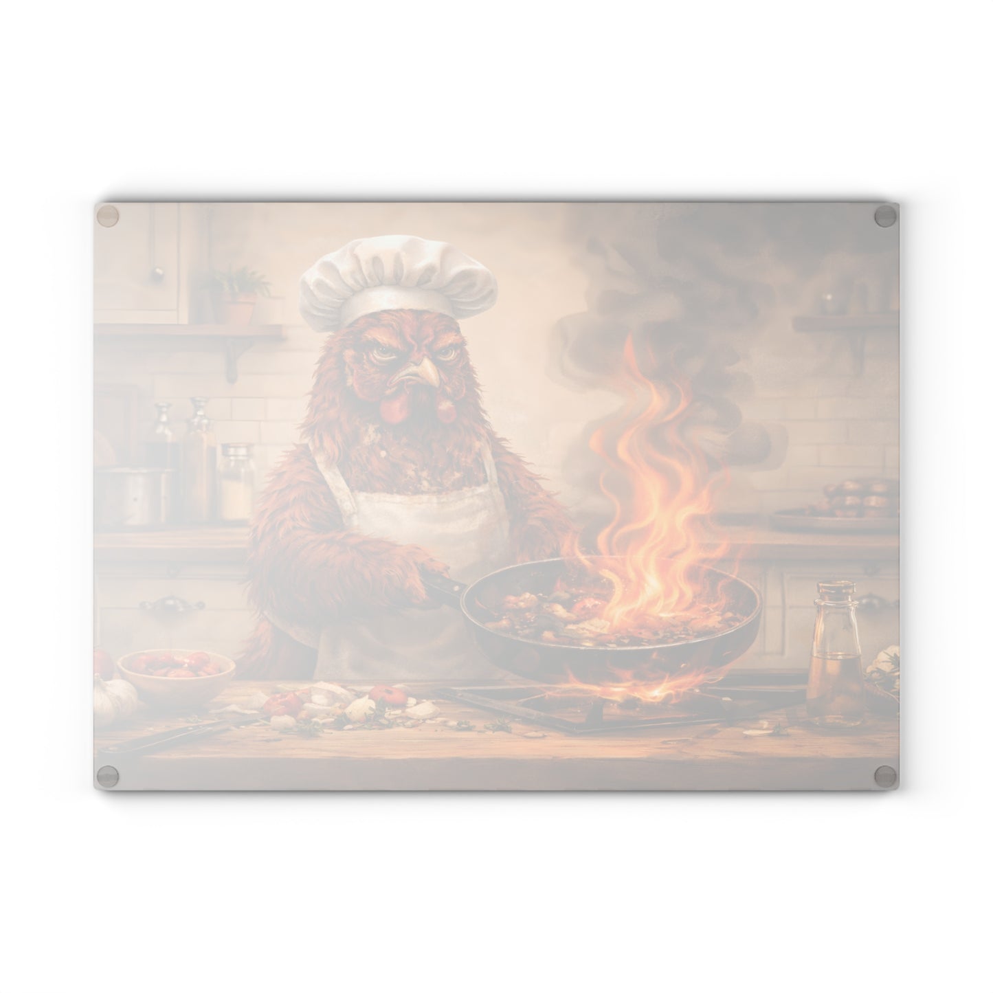 Angry Chicken Chef Glass Cutting Board – Funny Kitchen Chaos Farm Art
