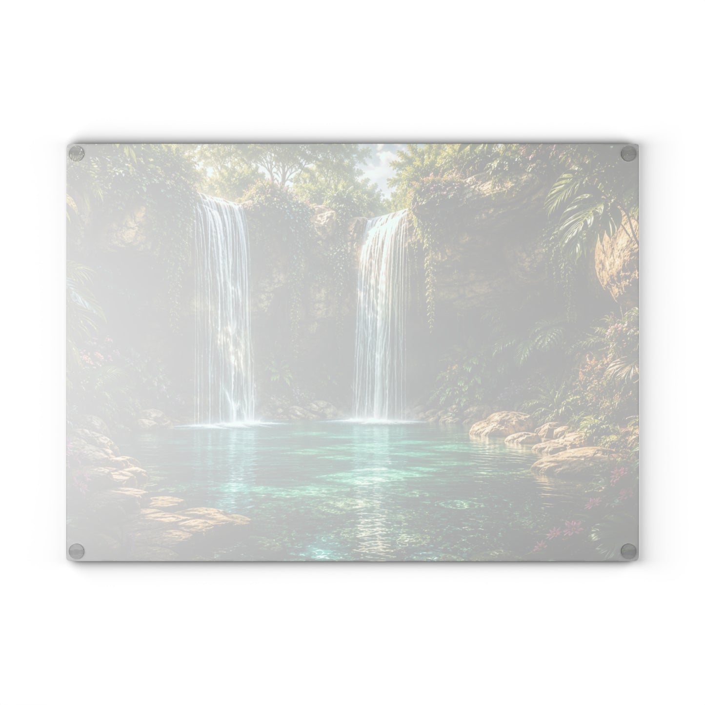 Tropical Twin Waterfall Glass Cutting Board – Serene Nature Kitchen Decor, Rainforest Waterfall Landscape Gift