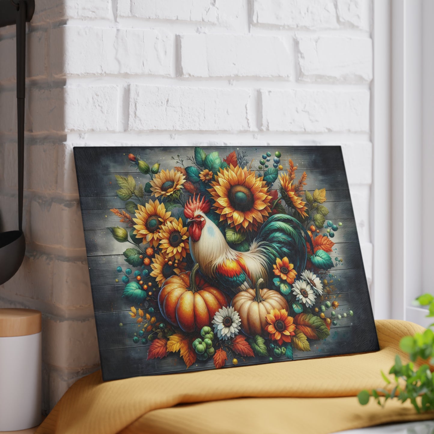 🐓🌻 “Harvest Rooster & Sunflowers” Glass Cutting Board – Cozy Autumn Charm for Your Kitchen