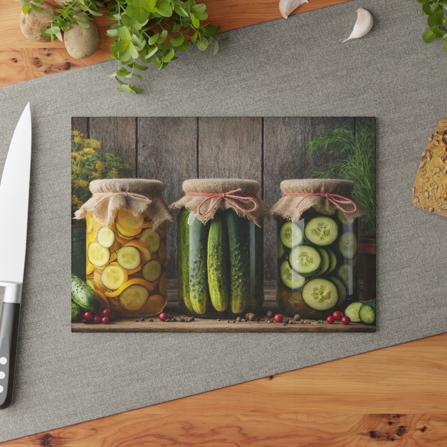 Rustic Pickle Jar Glass Cutting Board – Farmhouse Kitchen Food Art Display