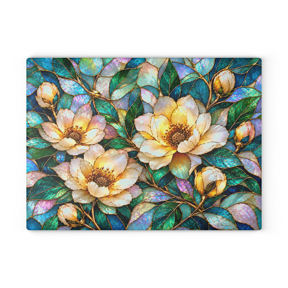 Stained-Glass-Inspired Ivory Magnolia Cutting Board – Golden Cream Blossoms, Iridescent Teal Leaves & Elegant Botanical Kitchen Décor