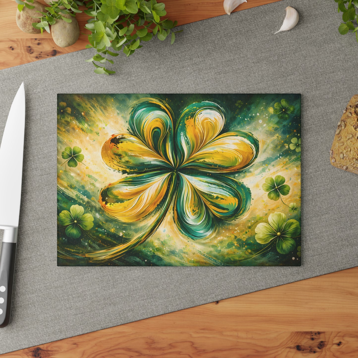 St. Patrick’s Day Clover Glass Cutting Board – Festive Green Shamrock Kitchen Accent