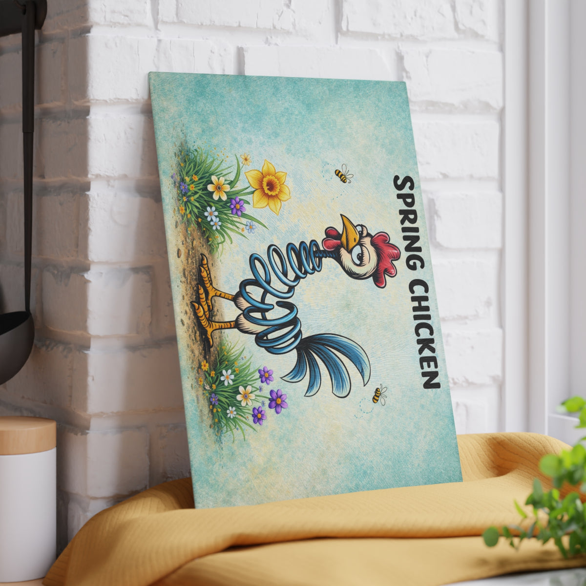 Spring Chicken Glass Cutting Board – Whimsical Chicken Artwork with Playful Spring Humor