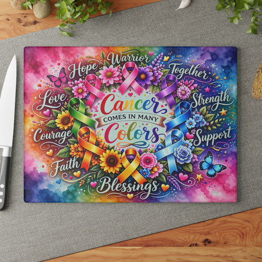 Cancer Comes in Many Colors Glass Cutting Board – Awareness Ribbon Floral Artwork