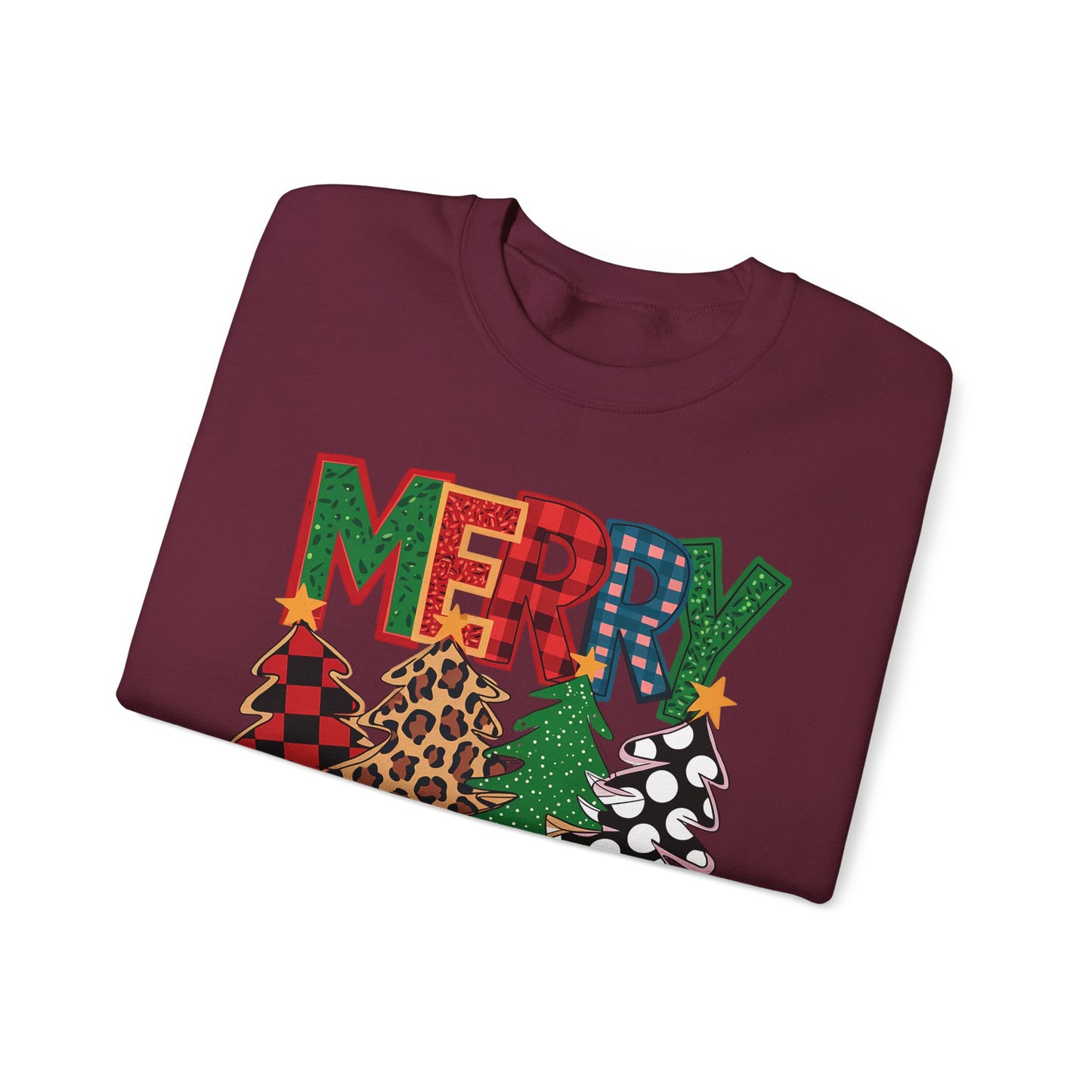 🎄✨ Merry Christmas Trees Sweatshirt – Bold Patterns & Festive Cheer