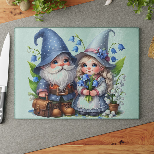💙🌸 Bluebell Gnome Couple Cutting Board – Whimsical Garden Kitchen Décor with Sweet Floral Charm 🌿✨