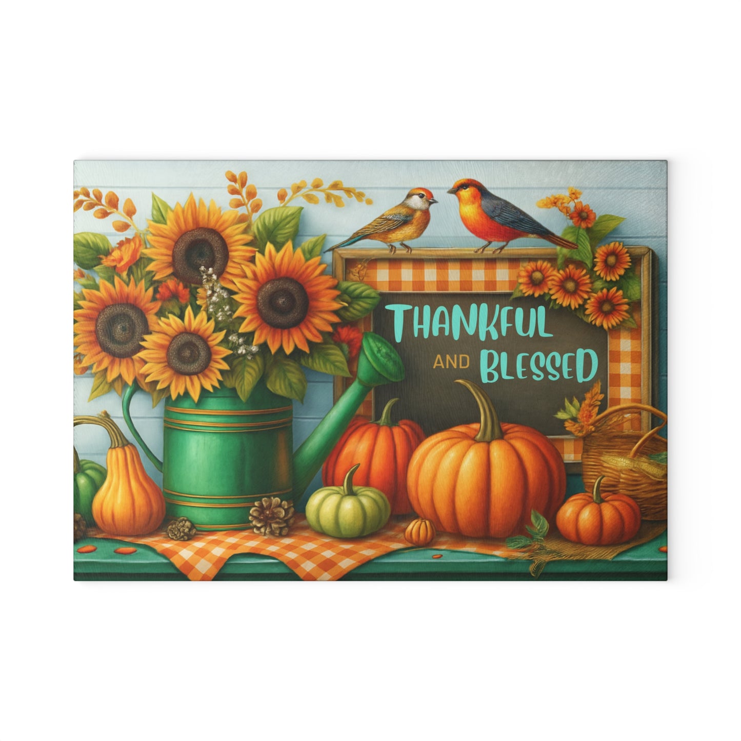 🍂🌻 “Thankful & Blessed Harvest” Tempered Glass Board – Sunny Fall Kitchen Cheer