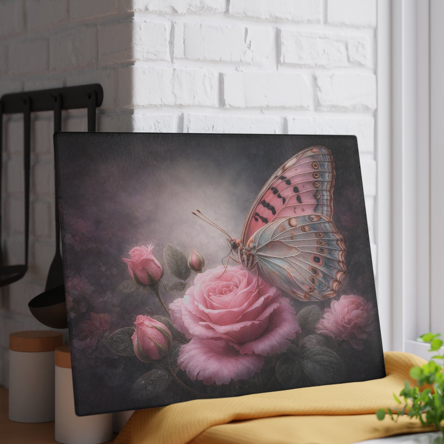 Blush Butterfly & Rose Glass Cutting Board – Elegant Floral Butterfly Kitchen Art