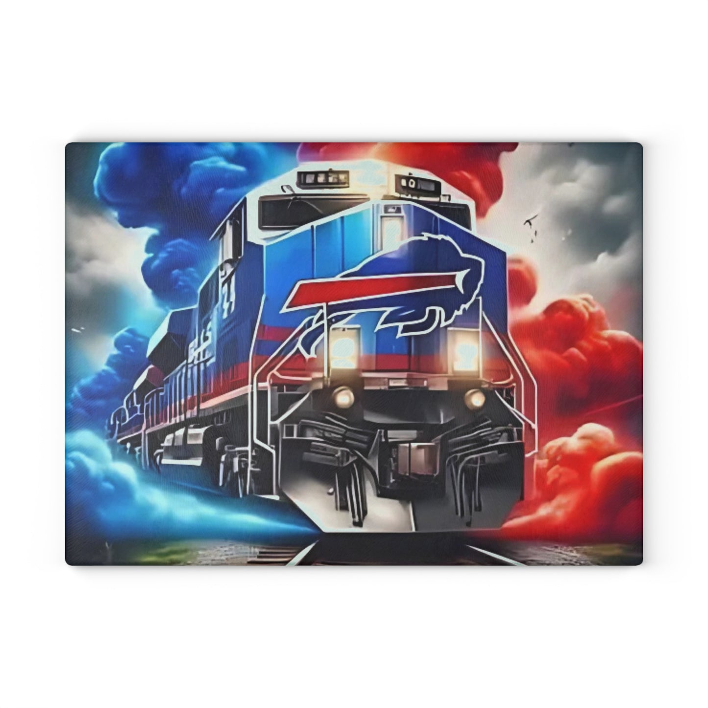 Tabla de cortar de vidrio Express en rojo y azul marino: arte de tren resistente para cocinas clásicas y audaces