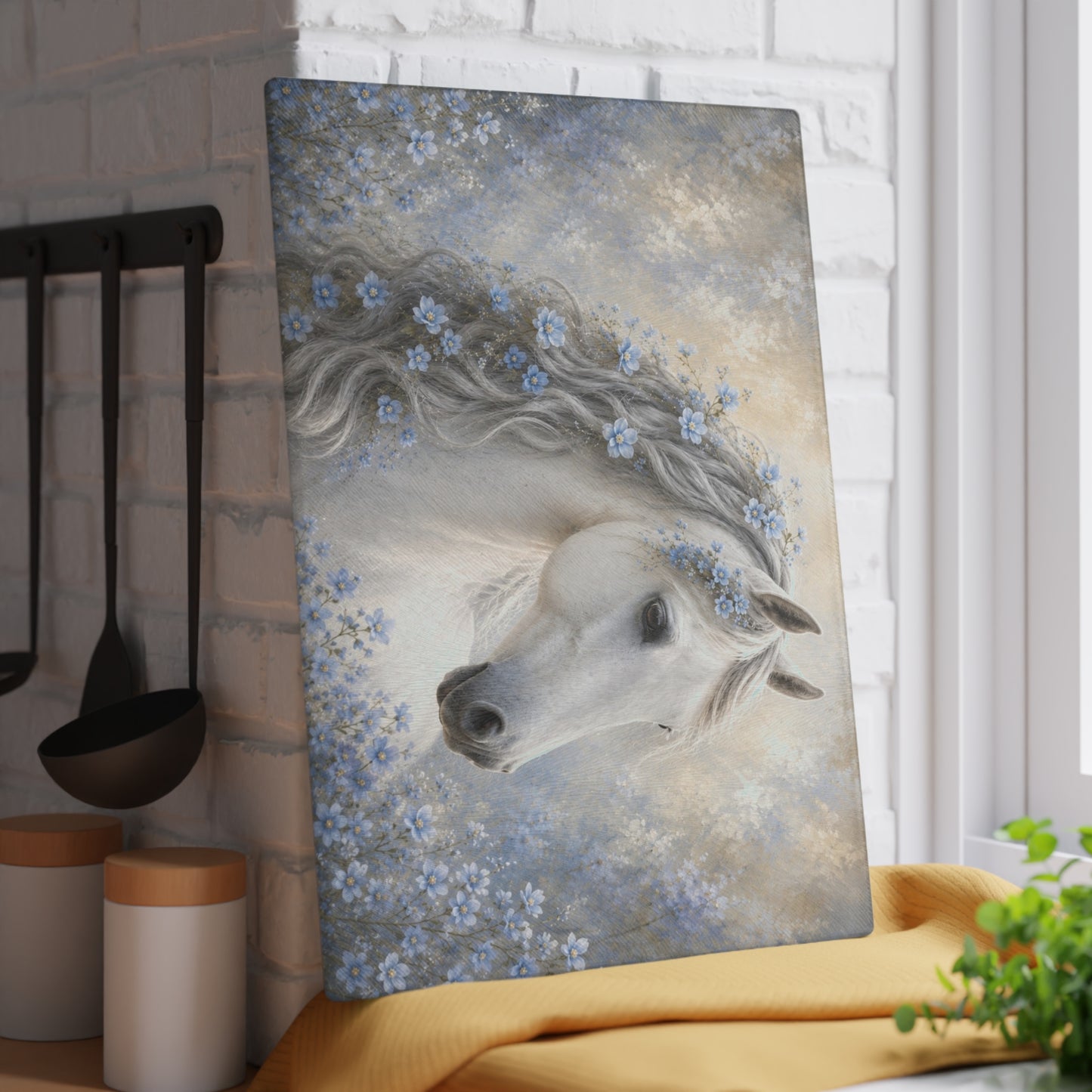White Horse with Blue Flowers Glass Cutting Board – Elegant Floral Horse Kitchen Decor