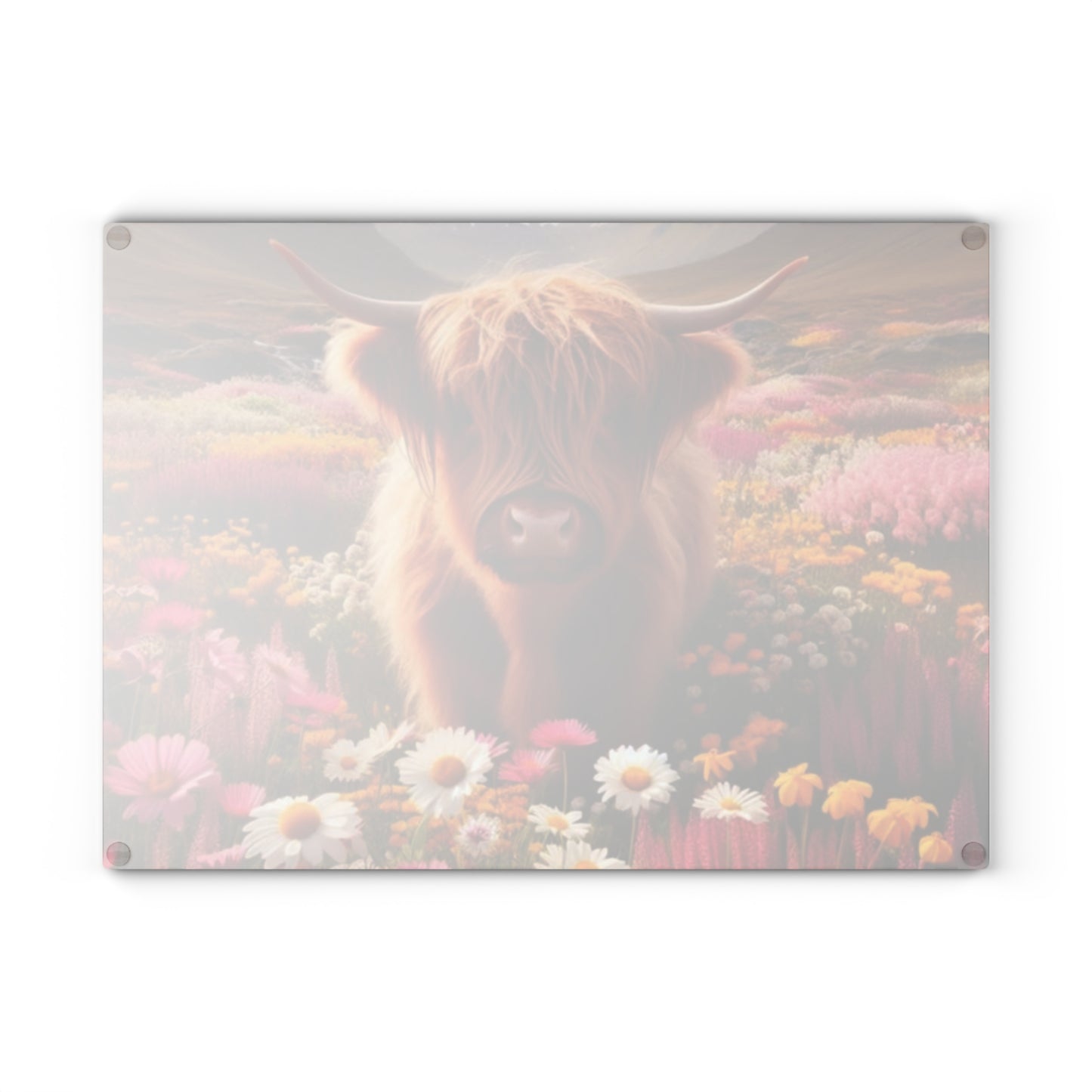 🐮 Highland Cow in a Field of Flowers – Rustic Floral Glass Cutting Board