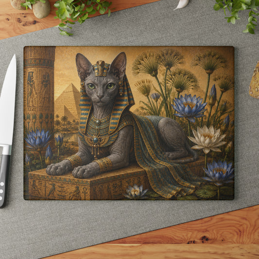 Ancient Egyptian Female Sphynx Cat Glass Cutting Board – Elegant Egyptian Cat Kitchen Decor