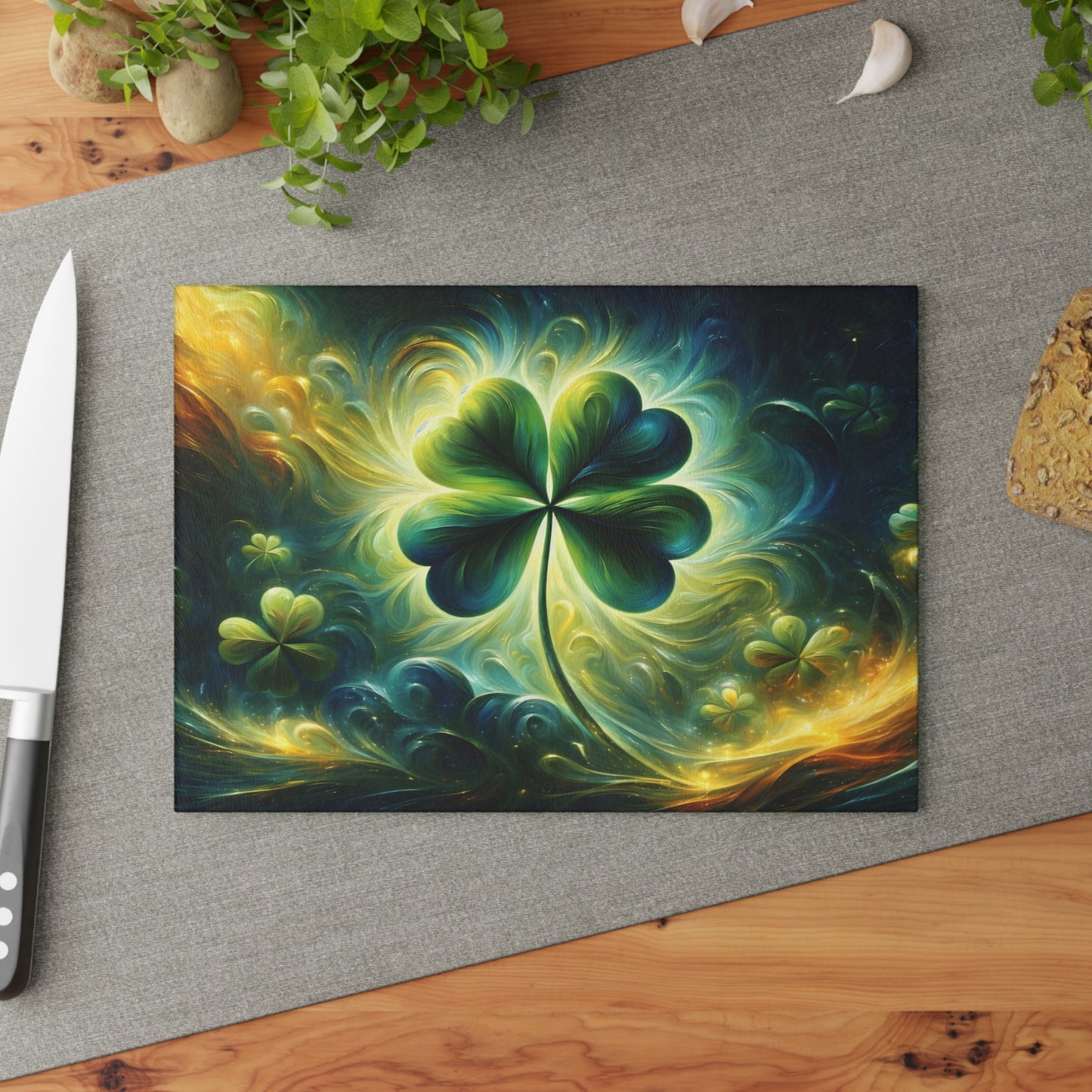 Luminous Shamrock Abstract Glass Cutting Board – St. Patrick’s Day Kitchen Art