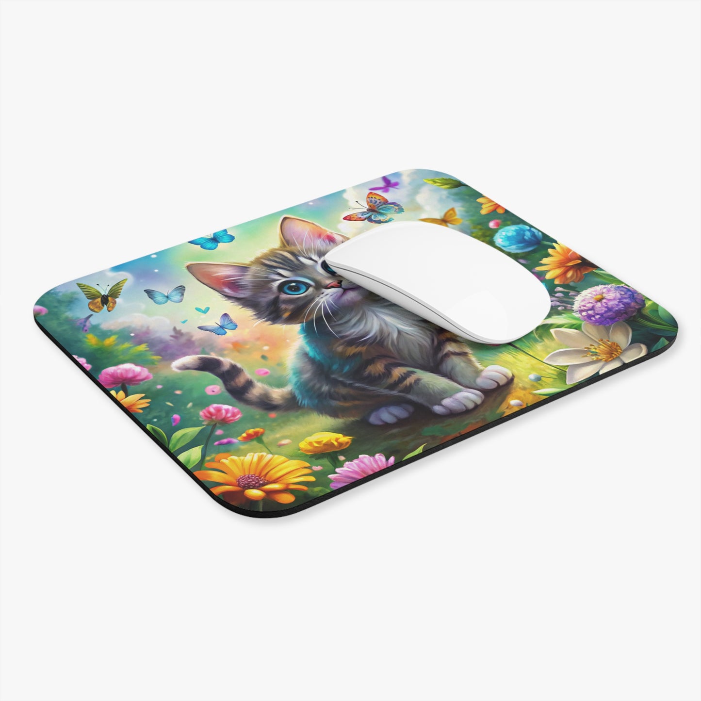 🖱️🦋🐱 Butterfly Garden Kitten Mouse Pad – Whimsical Floral Desk Art