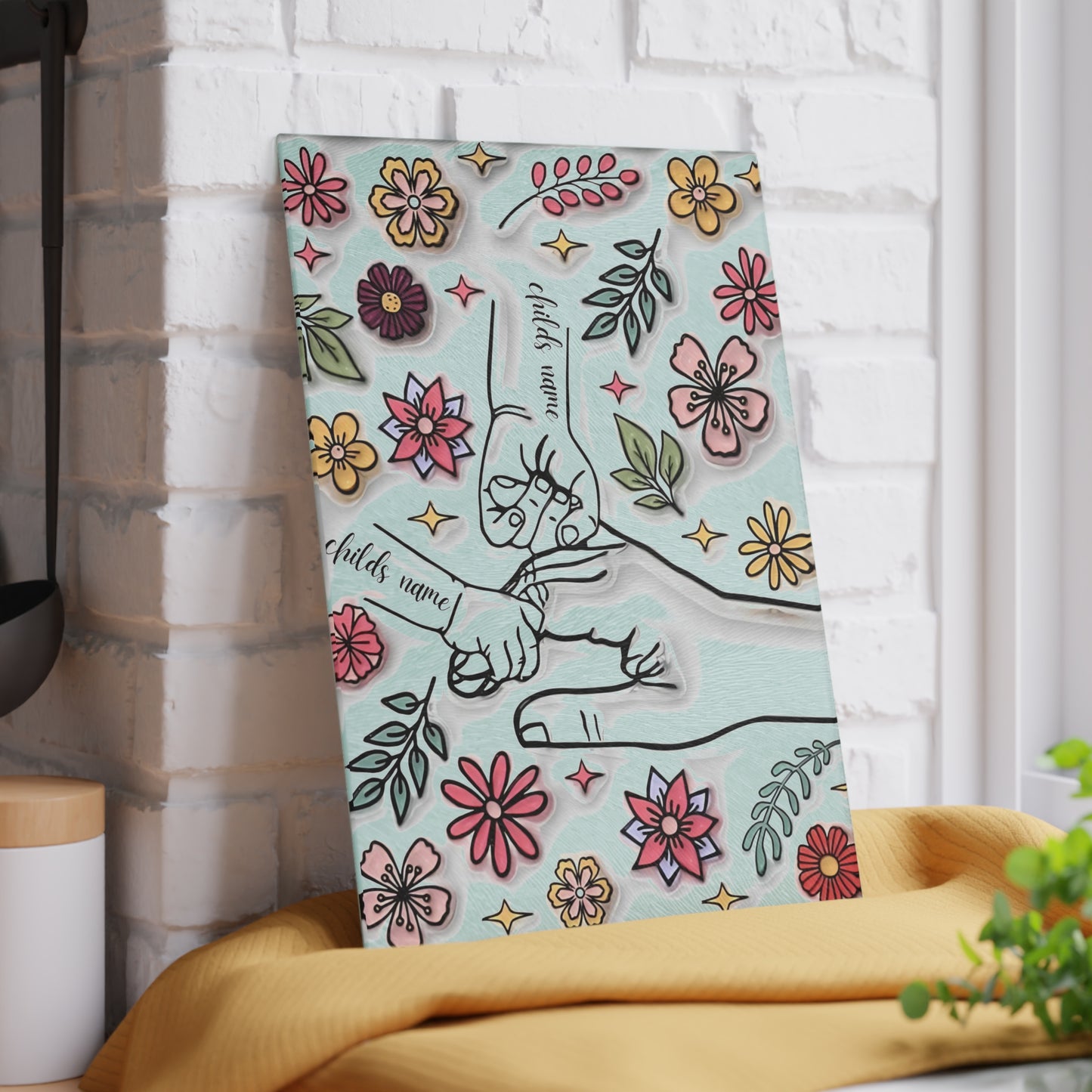 Tabla de cortar de vidrio templado personalizada con las manos de la madre | Arte floral 3D | Nombres personalizados para niños | Regalo para el Día de la Madre