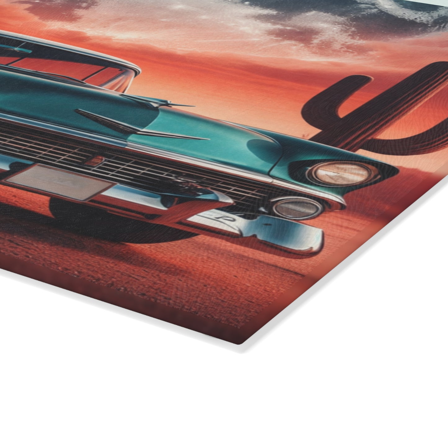 Vintage Desert Drive Glass Cutting Board – Retro Car Artwork with Southwestern Sunset