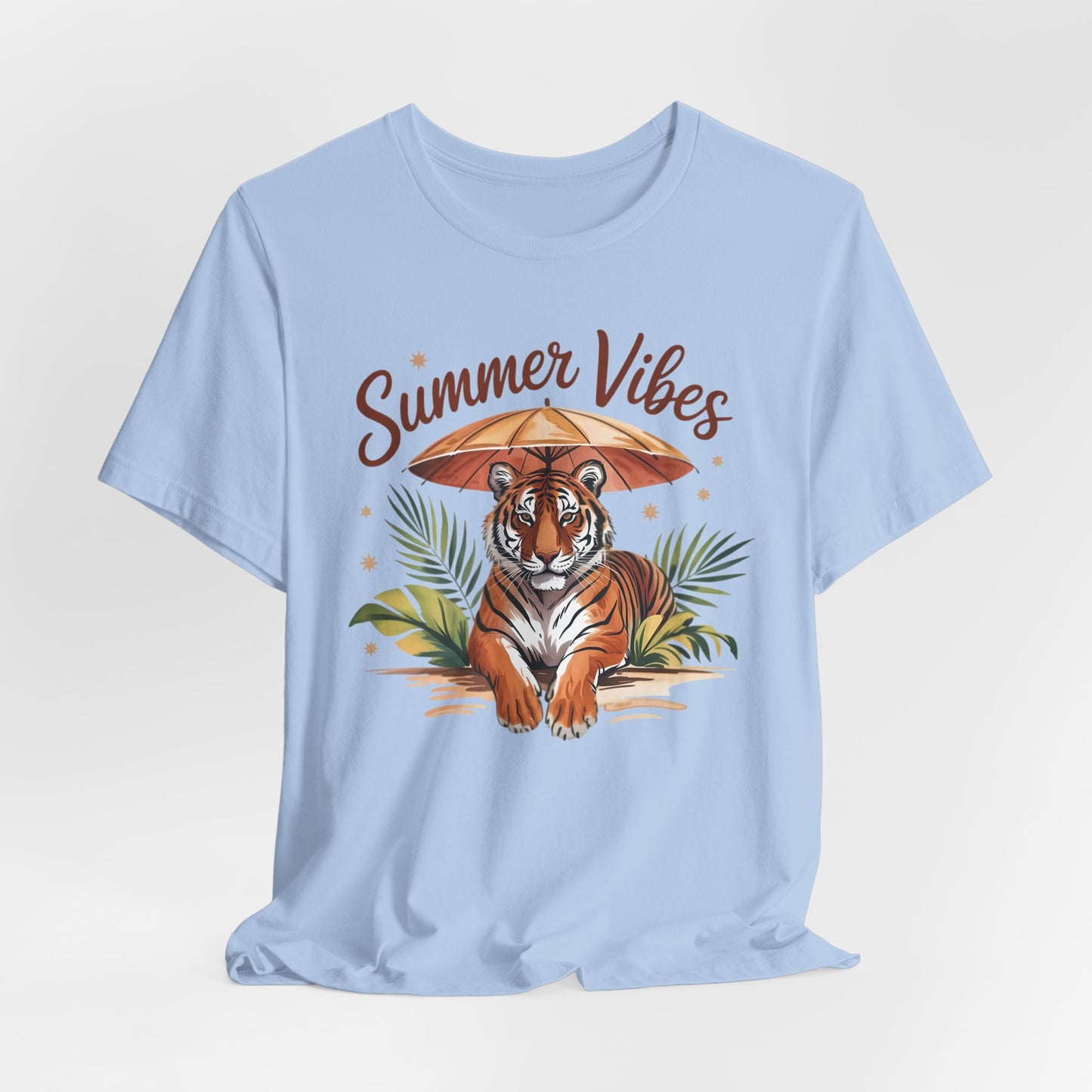 Camiseta Summer Vibes Tiger – Gráfico de palmeras de la selva con paraguas | Múltiples opciones de color