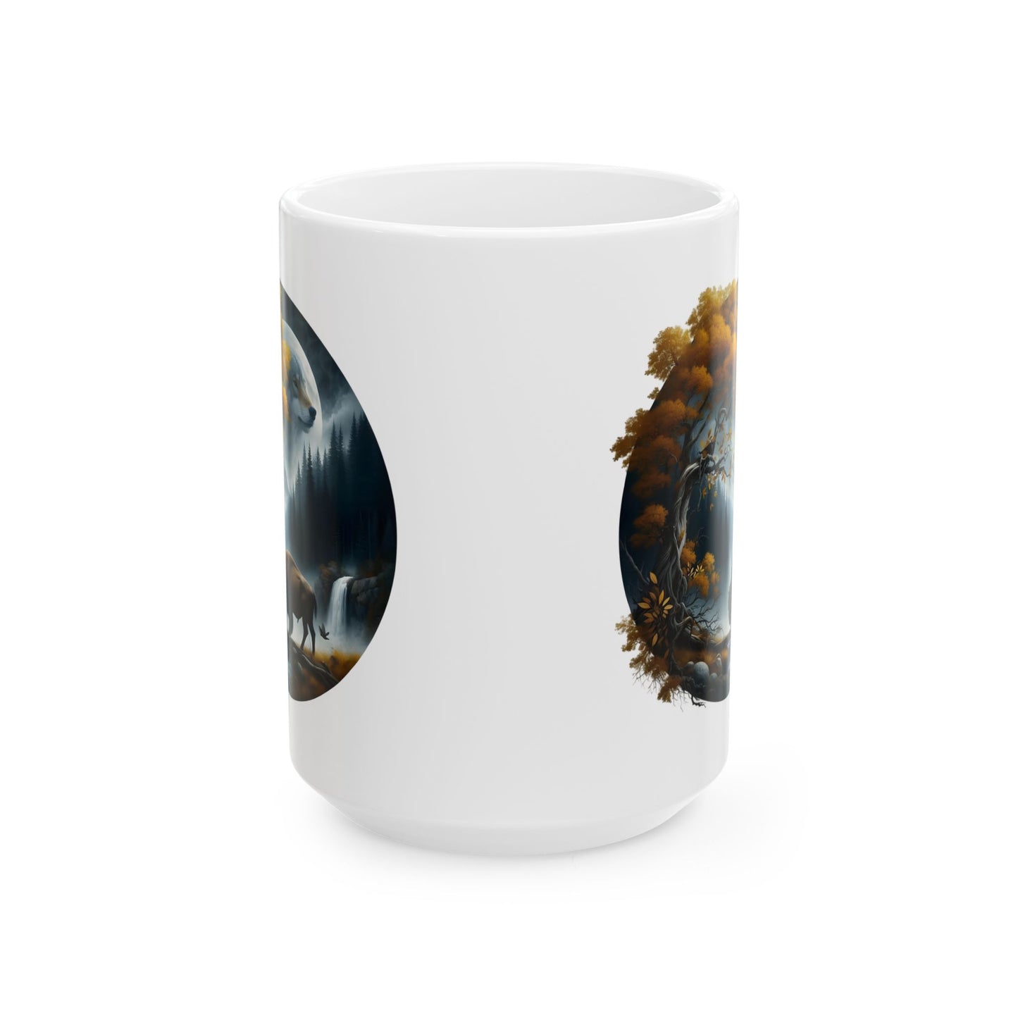 🌙🐂 Wolf & Buffalo Spirit Mug – Autumn Nature Coffee Cup ☕🌲