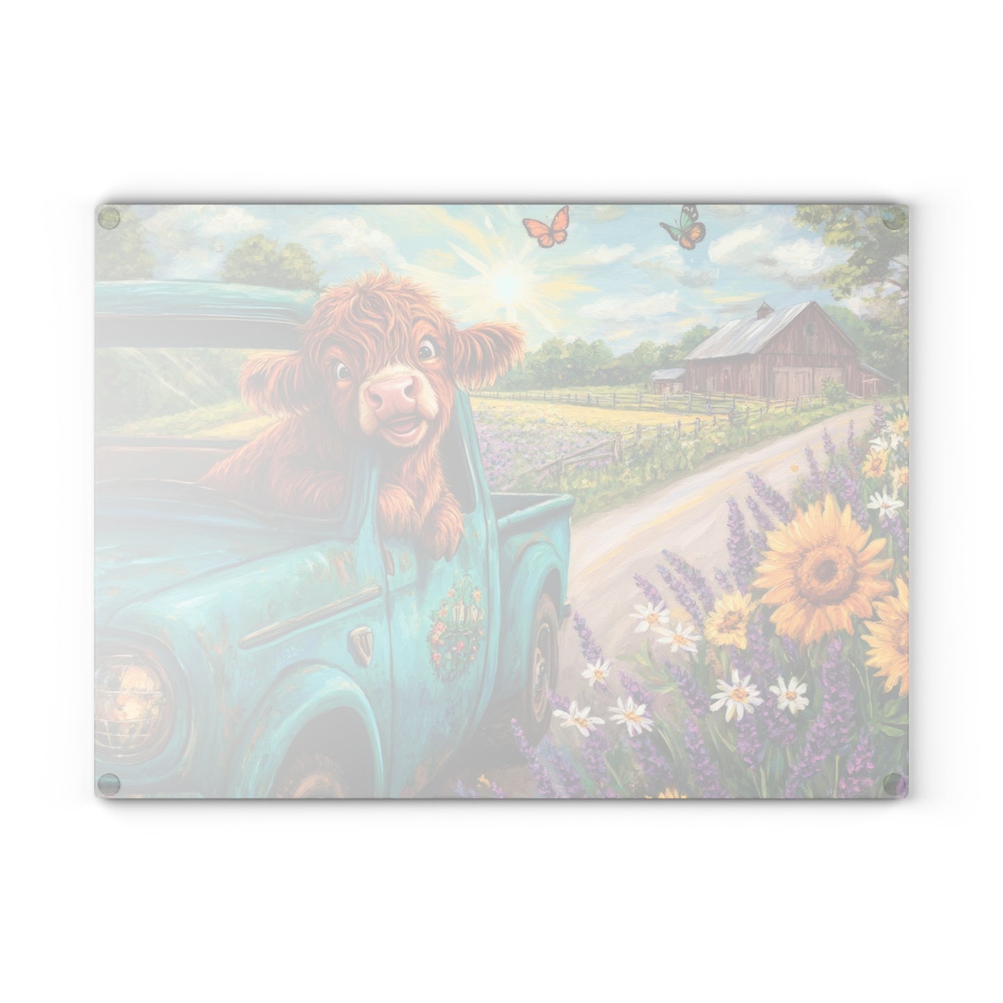 🚚🌼 Excited Baby Highland Cow in Old Truck Glass Cutting Board – Farm Road Joyride with Sunflowers & Barn 🐮🌻