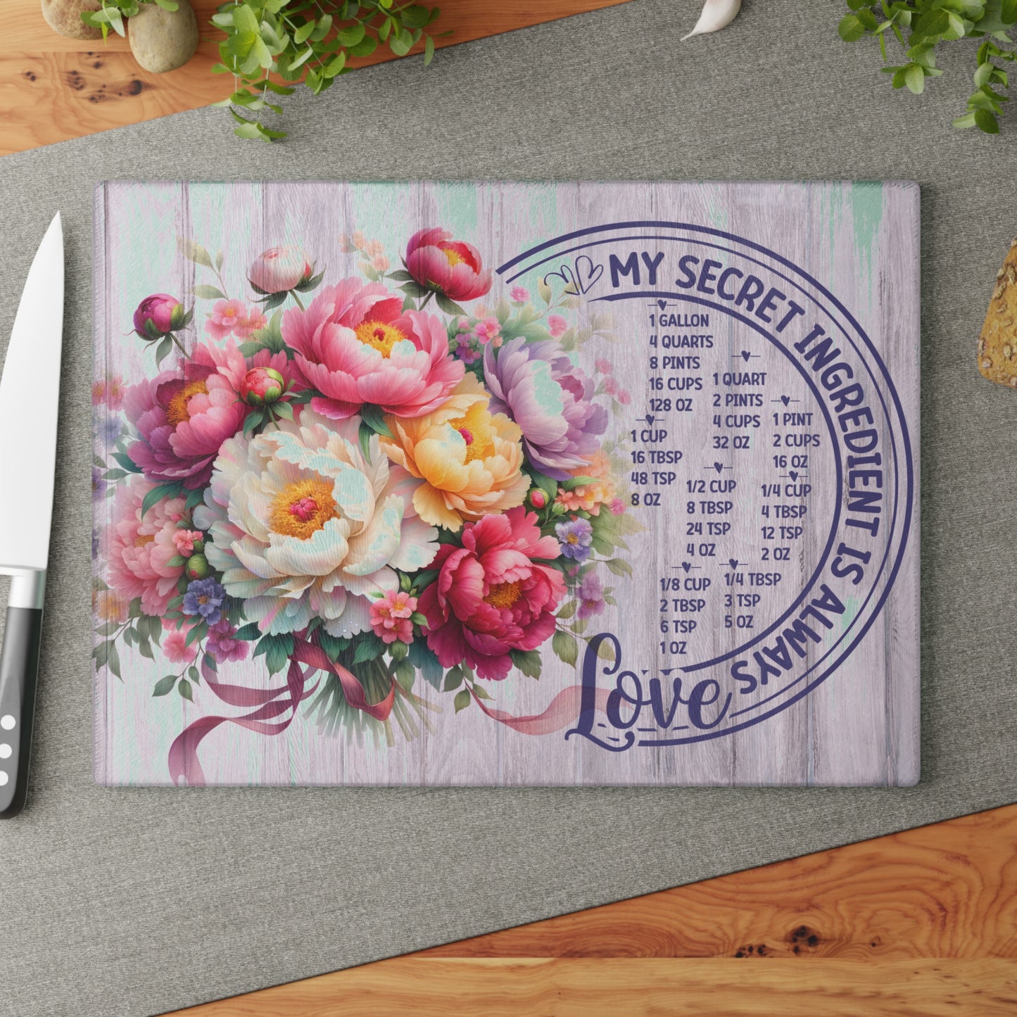 My Secret Ingredient Is Always Love Glass Cutting Board – Floral Kitchen Conversion Chart