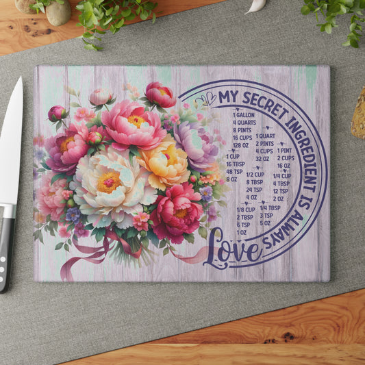 My Secret Ingredient Is Always Love Glass Cutting Board – Floral Kitchen Conversion Chart