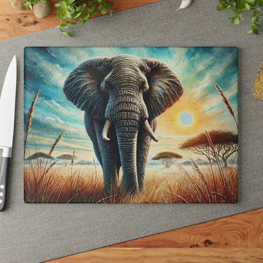 🐘 Majestuoso atardecer con elefantes – Tabla de cortar de vidrio templado
