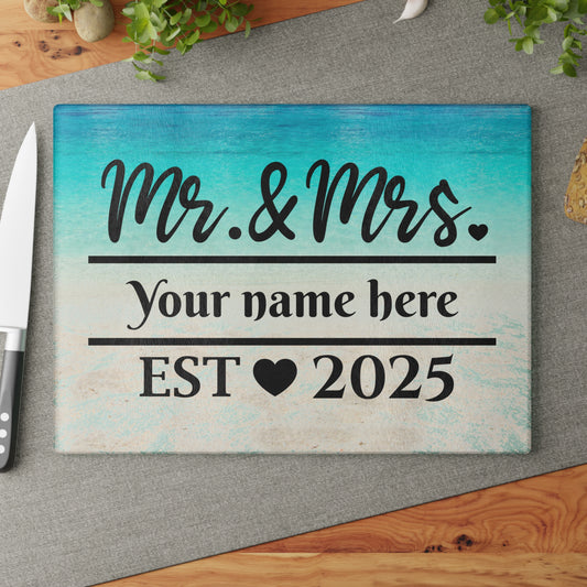 Tabla de cortar turquesa "Sr. y Sra." - Regalo de boda personalizado con nombre y año