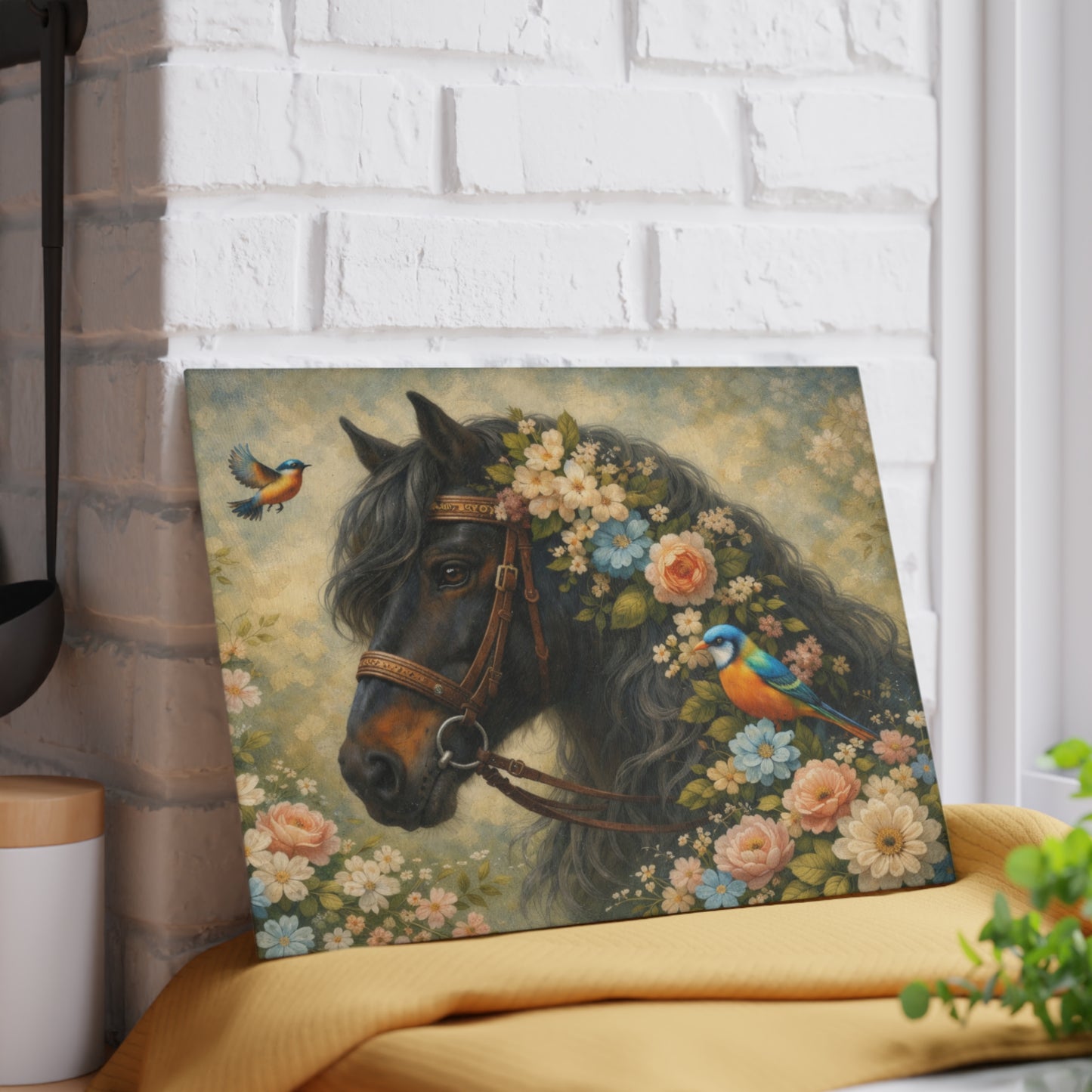Floral Horse Glass Cutting Board – Elegant Country Farmhouse Kitchen Decor with Birds and Garden Flowers