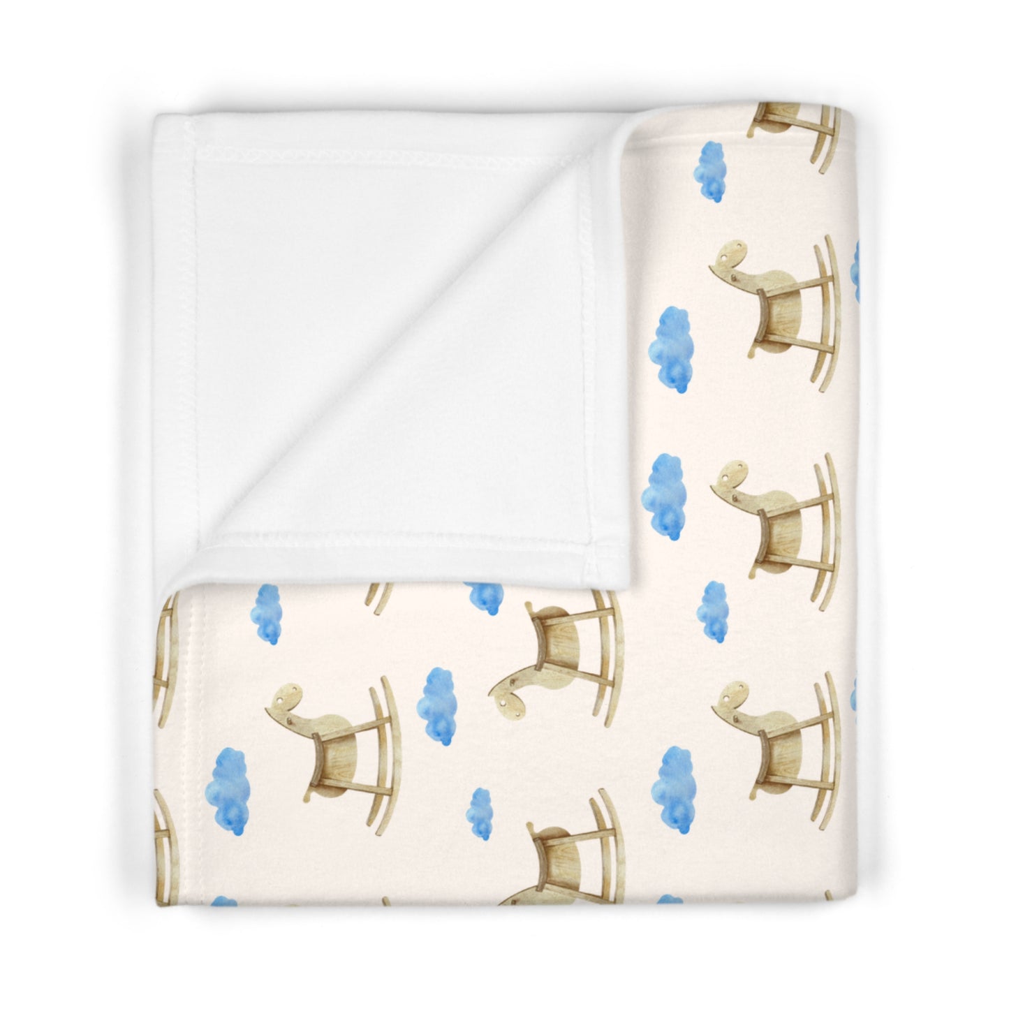 💙 Rocking Horse & Blue Clouds Velveteen Plush Blanket – Soft Cream (Baby)