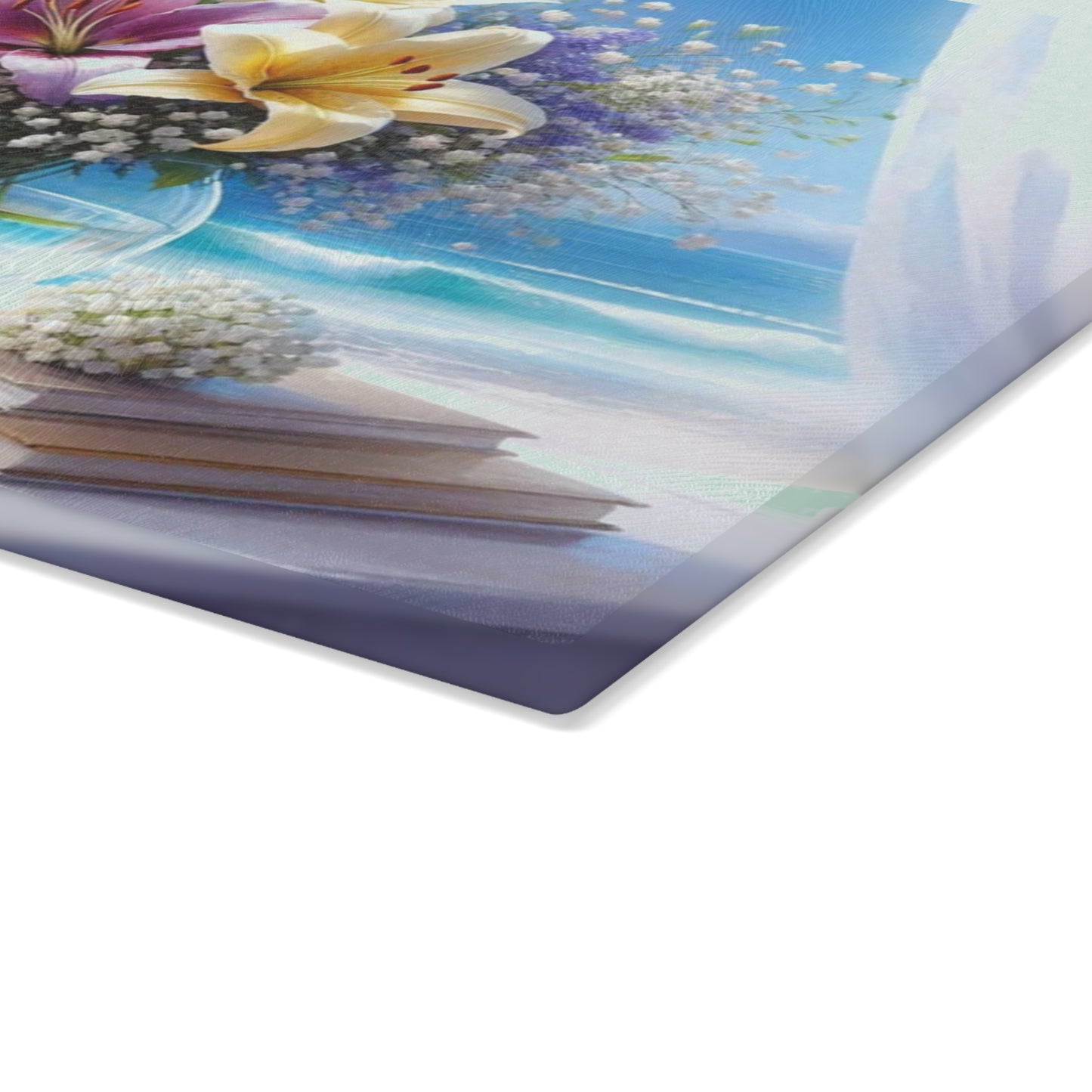 Tabla de cortar Ocean Breeze Lily: elegante decoración de cocina con escena playera floral