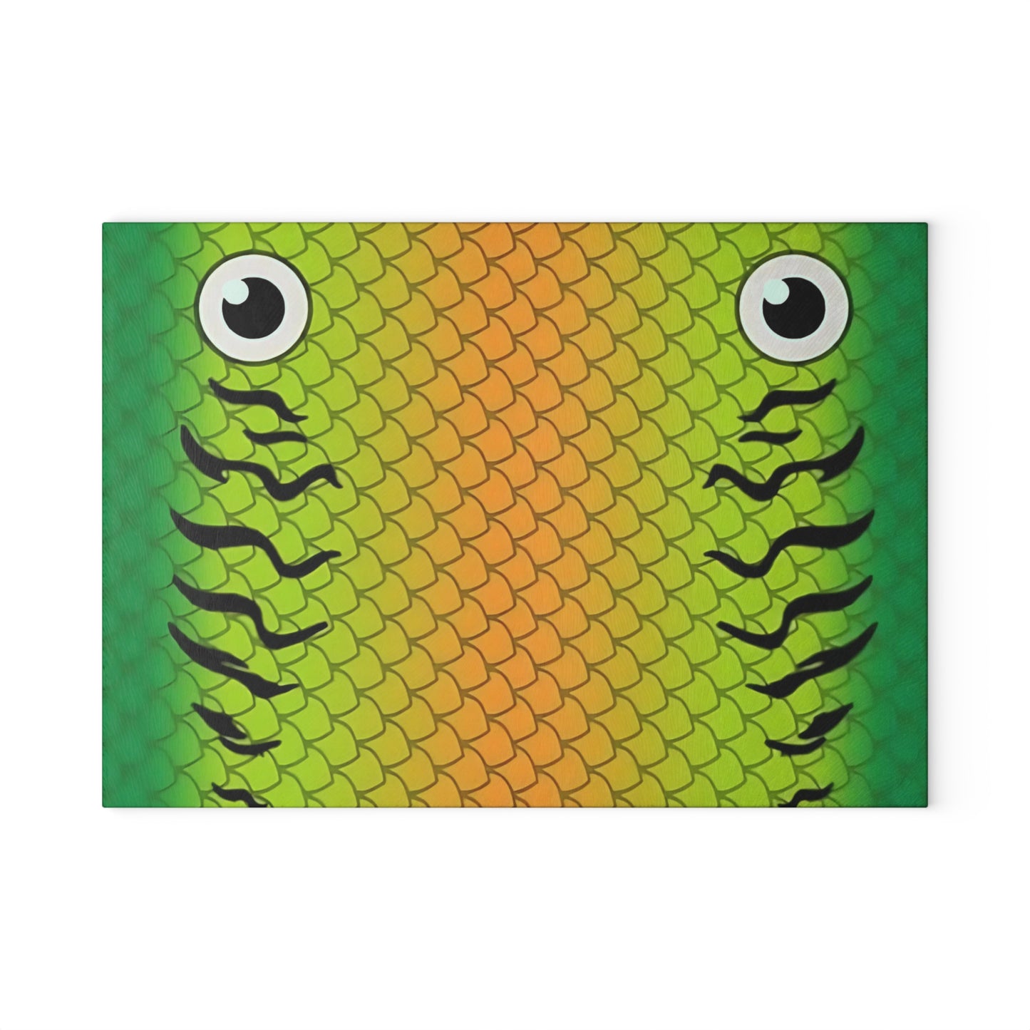 Green & Gold Fish Face Glass Cutting Board – Bold Coastal Artwork with Playful Scales